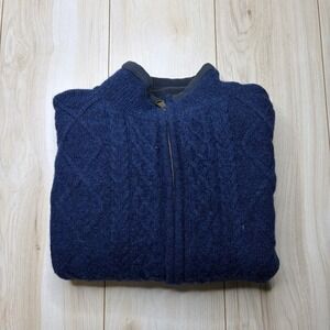 Aran Sweater Market Mens Full Zip Pure Wool Sweater Blue Size Medium Fleece Mock
